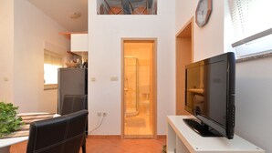 A compact living space with a kitchenette, a dining area, a TV, and a shower. - Apartment 258 (Pula)