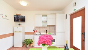 A small kitchen with white cabinets, a sink, and a stove. There is a TV mounted on the wall, a potted plant, and a vase with pink flowers on the table. - Apartment 344 (Fazana)