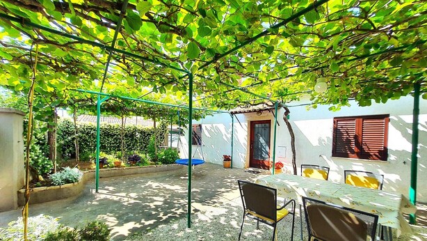 Ein überdachter Patio-Bereich mit Tisch und Stühlen, umgeben von Grünpflanzen und einem Gebäude mit Tür und Fenster.