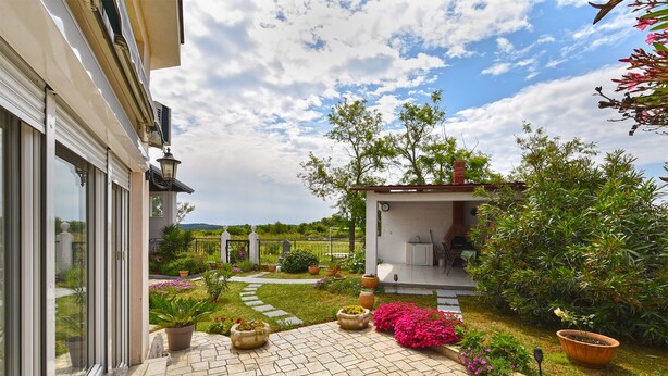 Un patio con piso de piedra, rodeado de plantas y flores en macetas.