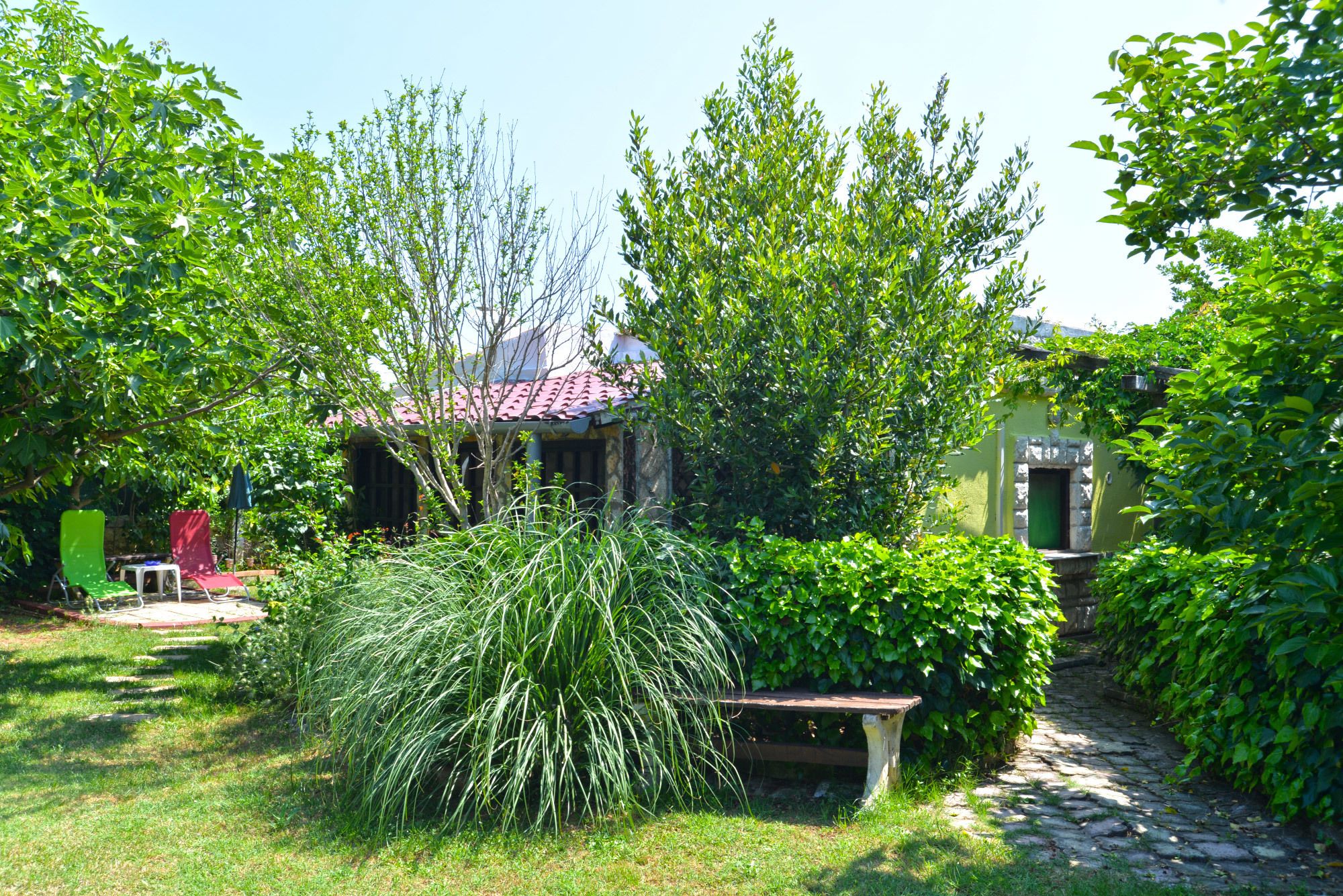 A garden with a stone bench, a small building with a red roof, and lush greenery.