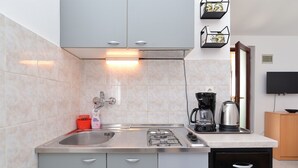 Eine kompakte Küche mit Spüle aus Edelstahl, einem Gasherd, einer Kaffeemaschine und einer Mikrowelle. Es gibt Schränke mit Griffen und eine kleine Ablage über der Spüle.