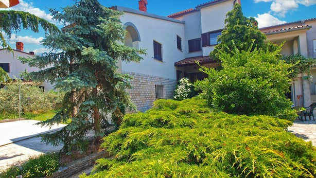 Une cour avec un bâtiment blanc, des arbres verdoyants et un ciel bleu dégagé.