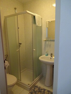 A bathroom with a glass-enclosed shower, a toilet, and a sink with a mirror above it. - Apartment 802 (Porec)