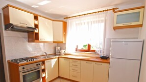 A compact kitchen with a gas stove, oven, sink, and a refrigerator. - Apartment 979 (Medulin)
