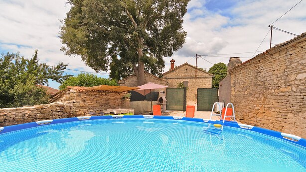 A swimming pool with stone walls, a table with chairs, and a large tree in the background. - House 1009 (Svetvincenat)