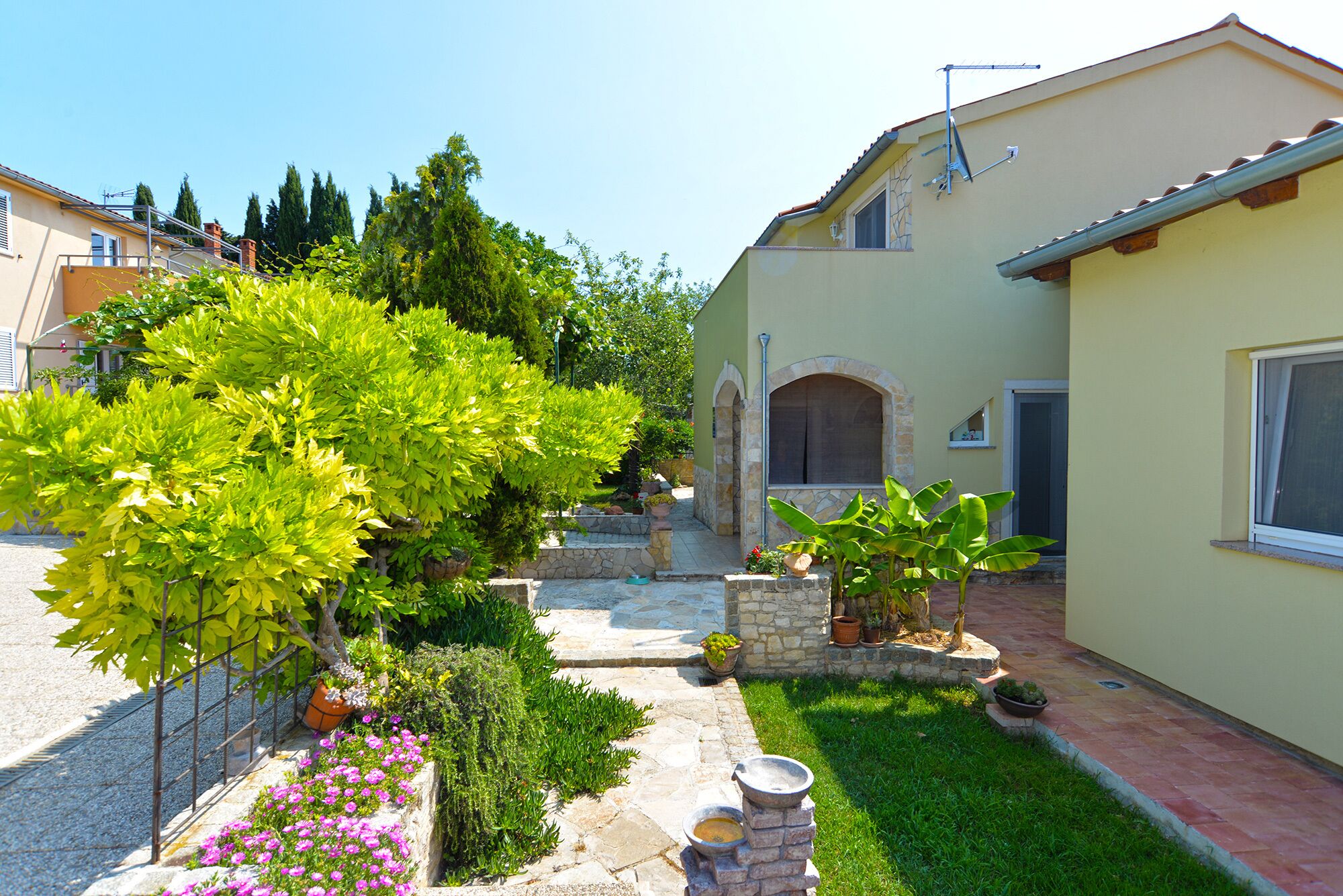A courtyard with a stone pathway, potted plants, and a small fountain.