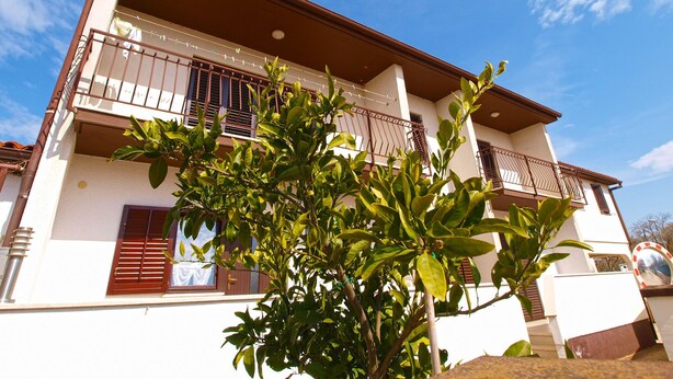 A two-story building with a balcony, a window with shutters, and a tree in the foreground. - Apartment 1031 (Fazana)
