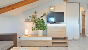 A modern living room with a flat-screen TV, wooden furniture, a potted plant, and a wall clock. - House 1044 (Svetvincenat)