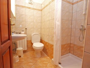 Et badeværelse med vask, toilet og bruser samt en trædør.