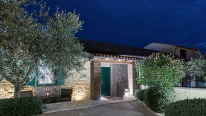 A stone building with a green door, a paved entrance, and a well-lit pathway. - House 1231 (Pula)