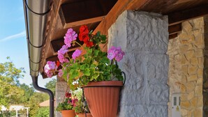 Terracotta potten met roze en rode bloemen aan een stenen muur.