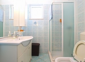 A bathroom with a sink, mirror, and toilet. - House 1295 (Marcana)