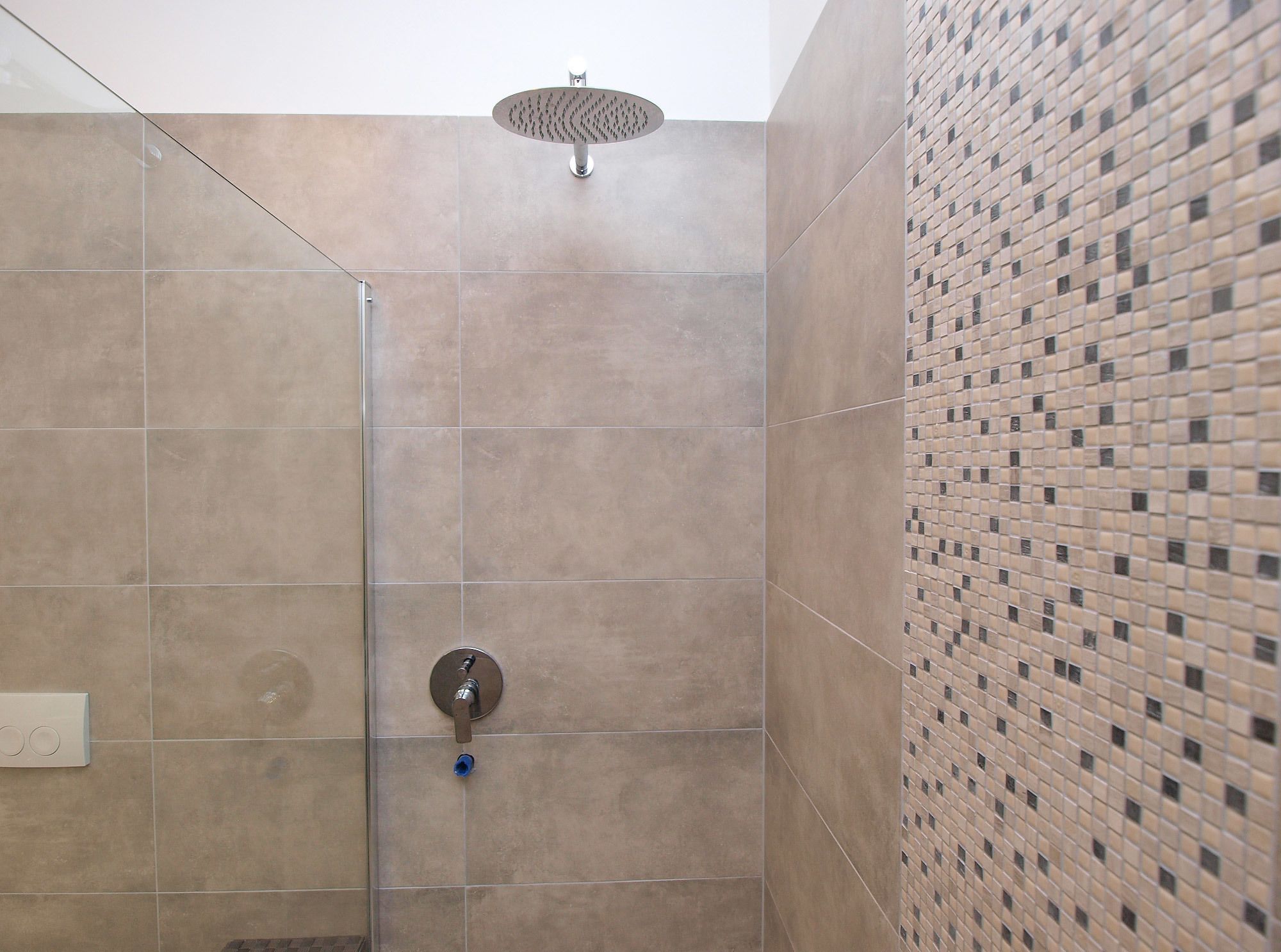 A shower area with a glass door, a wall-mounted showerhead, and a tiled wall with a mosaic pattern.
