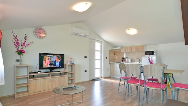 A modern living room with a television, a glass coffee table, and a dining area with chairs. - Apartment 1355 (Pula)