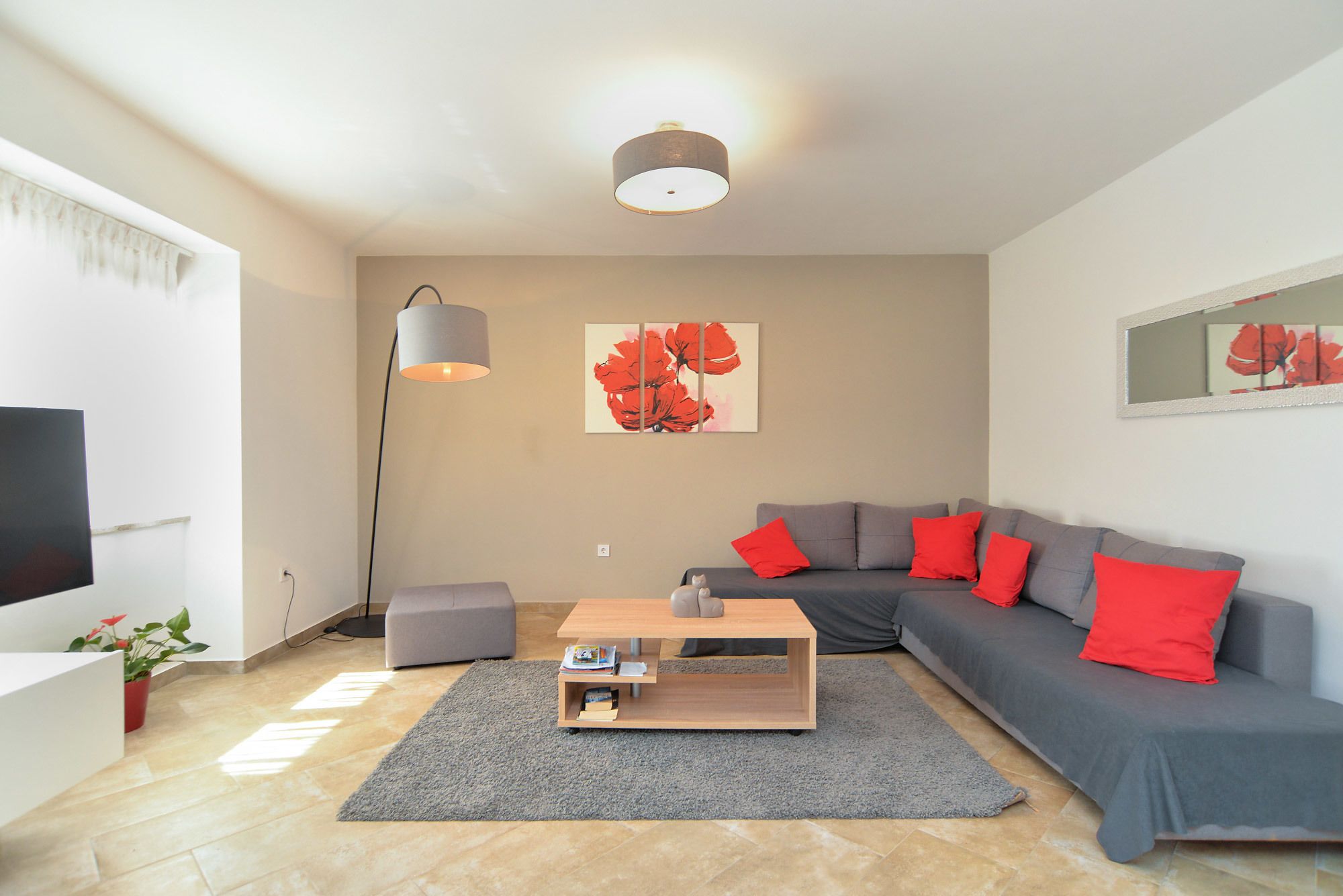 A modern living room with a grey sofa, red cushions, a wooden coffee table, a grey rug, a floor lamp, and a flat-screen TV.