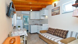 Un espace de vie compact comprenant un coin cuisine, un coin repas avec une table et des chaises, et un canapé agrémenté de coussins à motifs.