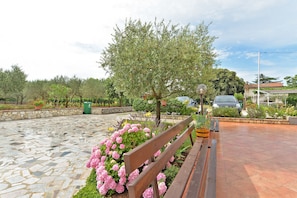 Stroll through the serene outdoor space, surrounded by lush greenery and a tranquil atmosphere.