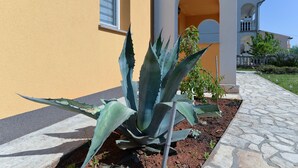 A building with a yellow exterior, a stone pathway, and a large agave plant in the foreground.