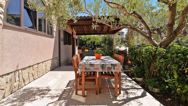 An outdoor patio with a table and chairs, surrounded by olive trees and potted plants. - Apartment 1642 (Pula)