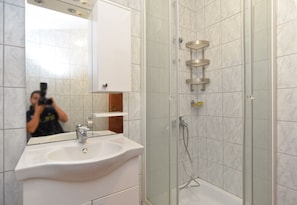 A bathroom with a white sink, a mirror, and a glass-enclosed shower area. - House 1666 (Liznjan)