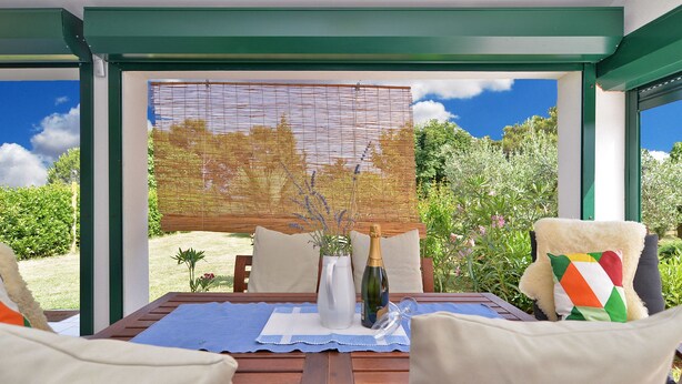 A wooden table with a bottle of champagne, a white vase, and a blue placemat in a covered outdoor area with a view of greenery and a blue sky. - House 1666 (Liznjan)