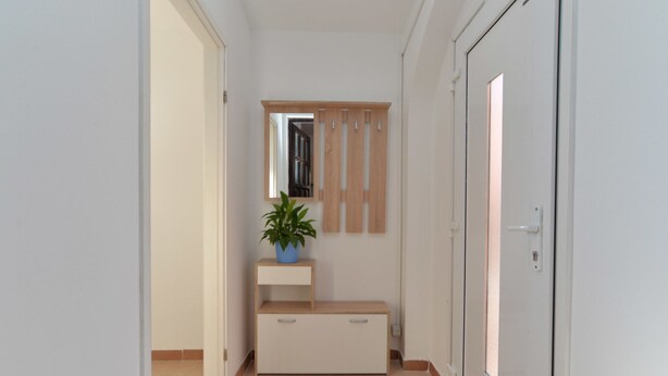 Un pasillo con un banco de madera, una planta en maceta, un espejo y una puerta.