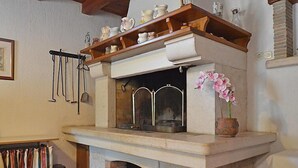 A fireplace with a mantel shelf holding various items, a hanging coat rack, and a potted orchid. - Apartment 1770 (Kanfanar)