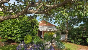 A garden with a gazebo, surrounded by various plants and a large tree. - Apartment 1770 (Kanfanar)