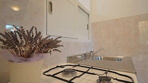 A kitchen with a gas stove, a sink, and a cabinet above the sink. - Apartment 1770 (Kanfanar)