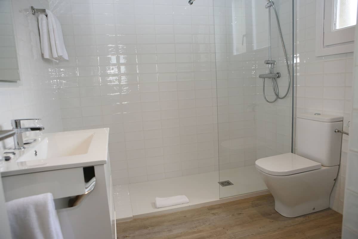 shower, free toiletries, hair dryer, towels