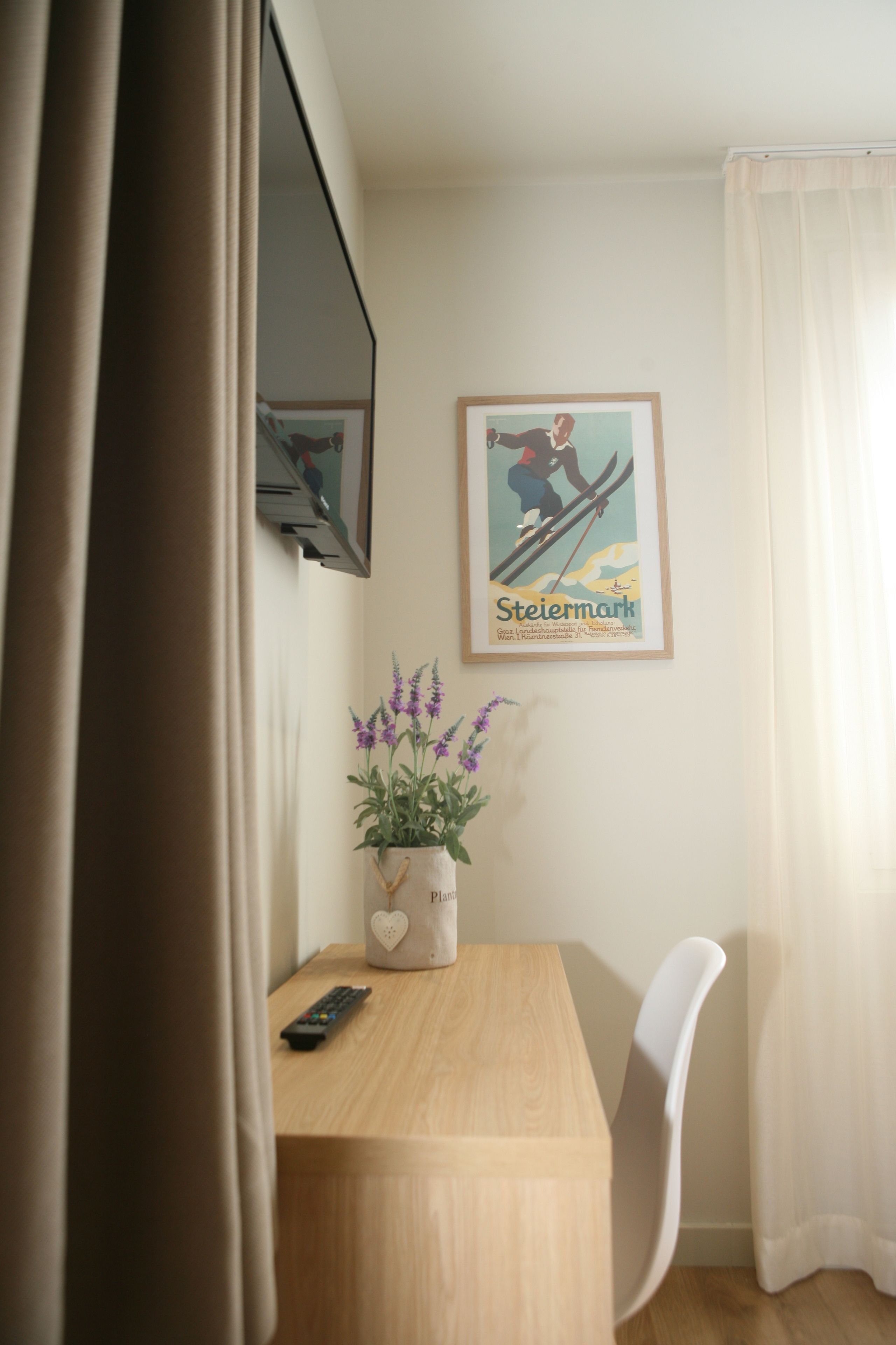 desk, laptop workspace, blackout curtains, free wifi