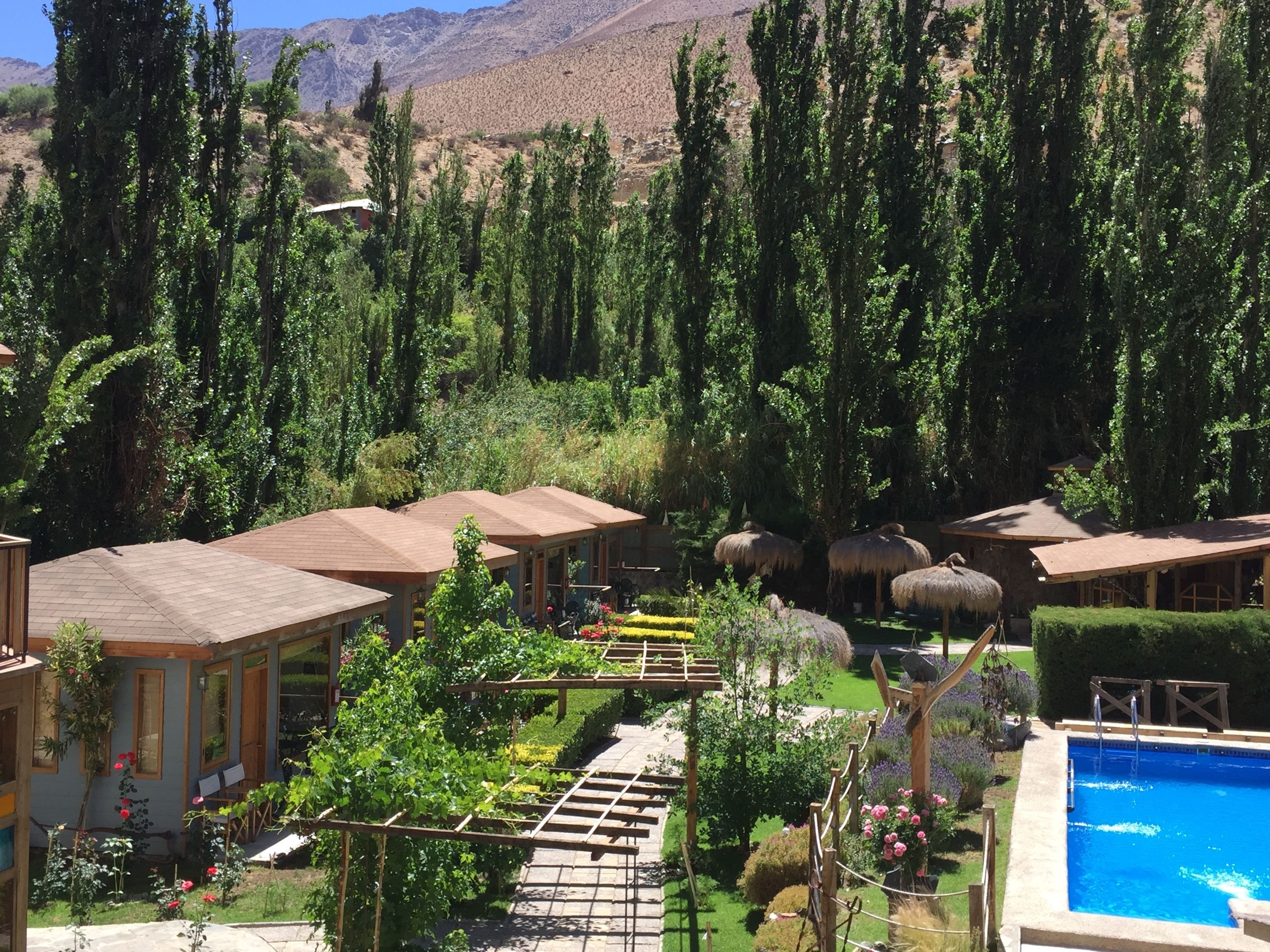 A resort with multiple bungalow-style buildings, a swimming pool, and a lush garden with various plants and flowers.