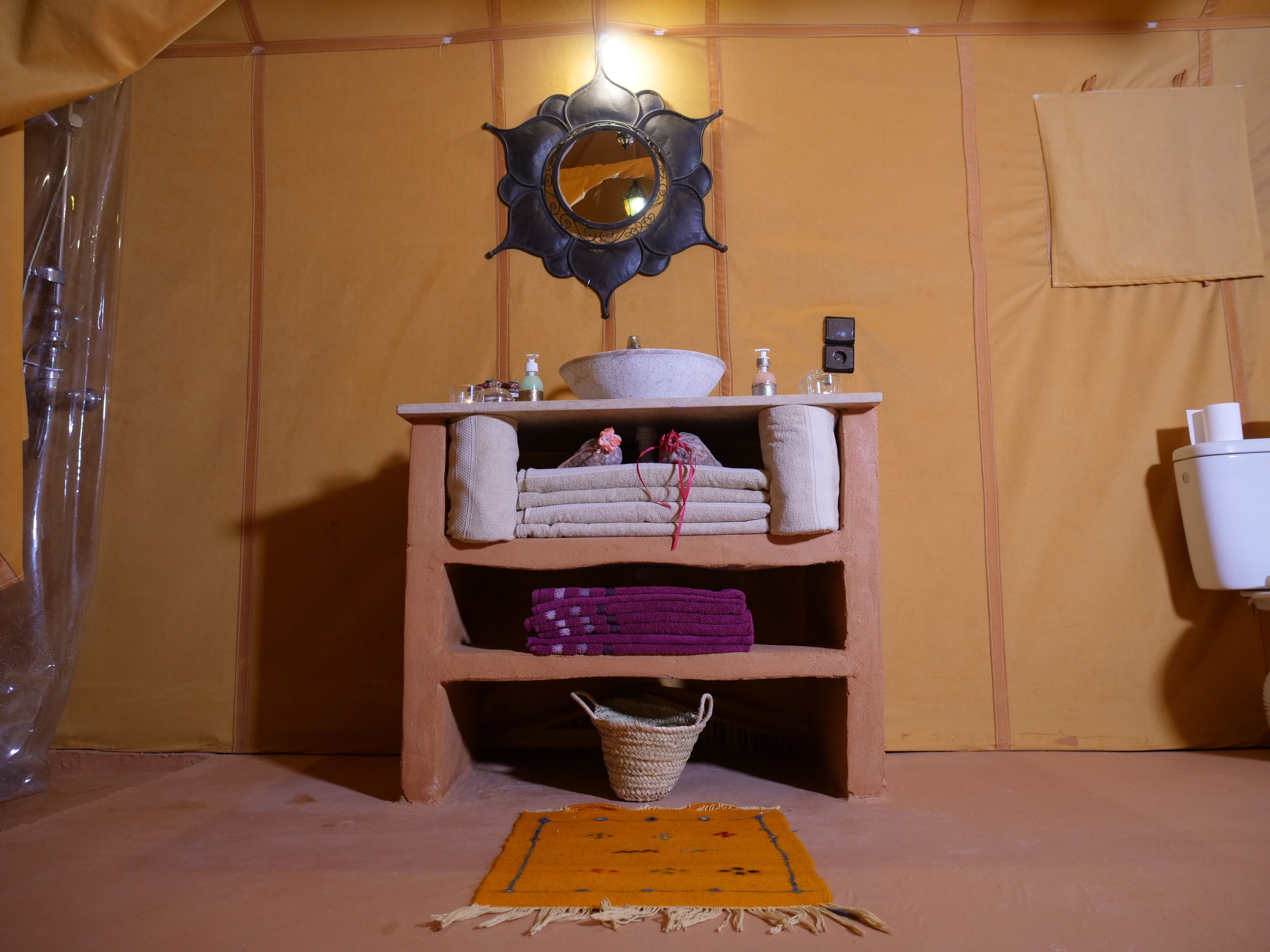 Shower, bathrobes, towels, toilet paper