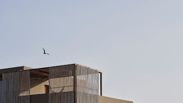 A building with a balcony and a bird flying in the sky.