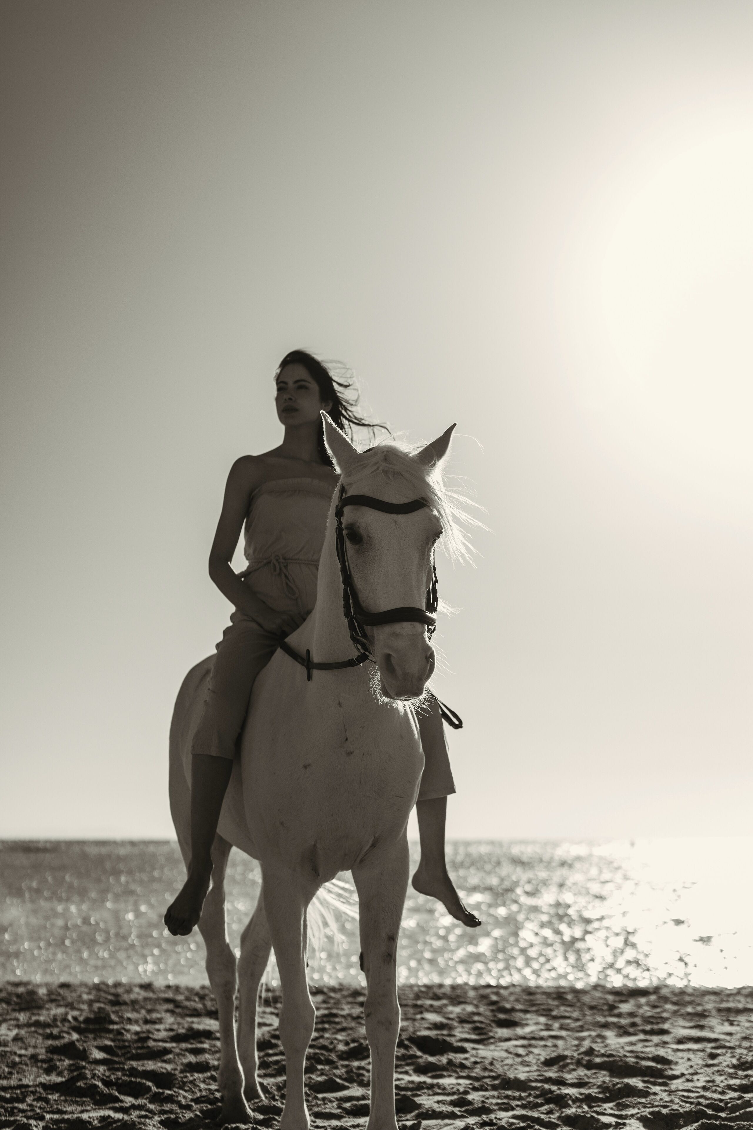 A person riding a horse on a beach.