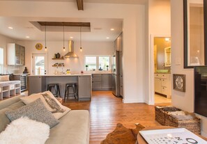 TV, fireplace, books