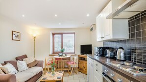 Un espacio habitable compacto con kitchenette, un sofá, una mesa de comedor y un televisor.