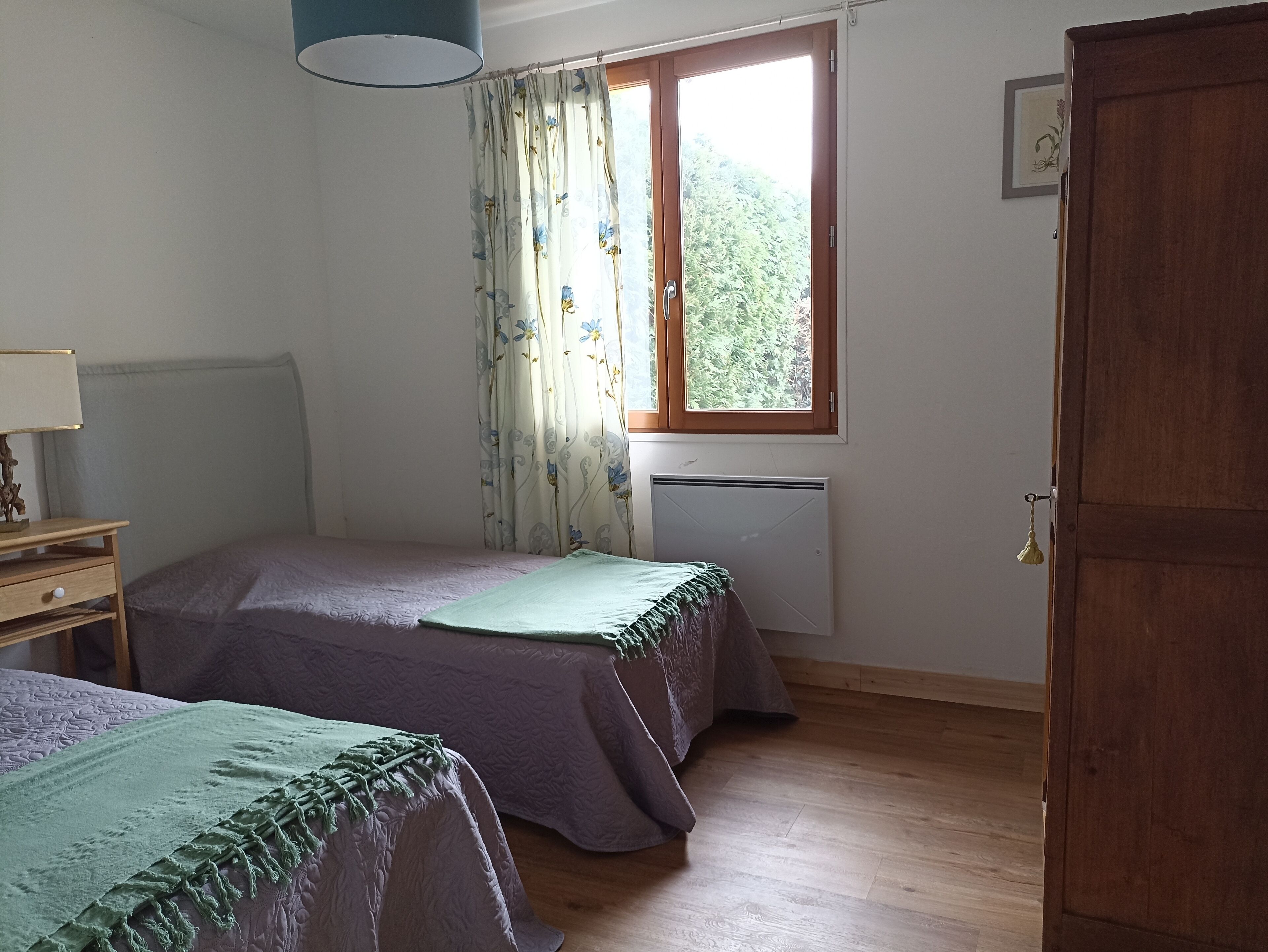 A bedroom with two beds, a bedside table, a lamp, a window with curtains, a radiator, and a wooden door.