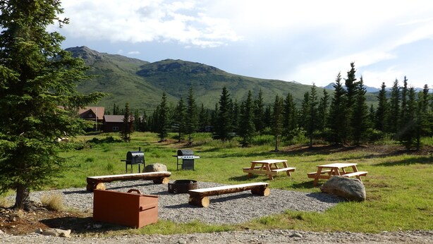 Un camping con mesas de picnic y zona de barbacoa, rodeado de árboles y una montaña al fondo.