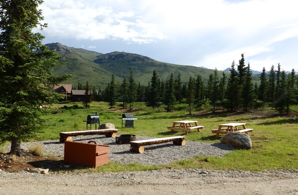 Enjoy a picnic amidst lush green hills and mountains, surrounded by rustic benches and tables.