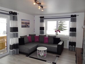 TV, DVD player, foosball, books