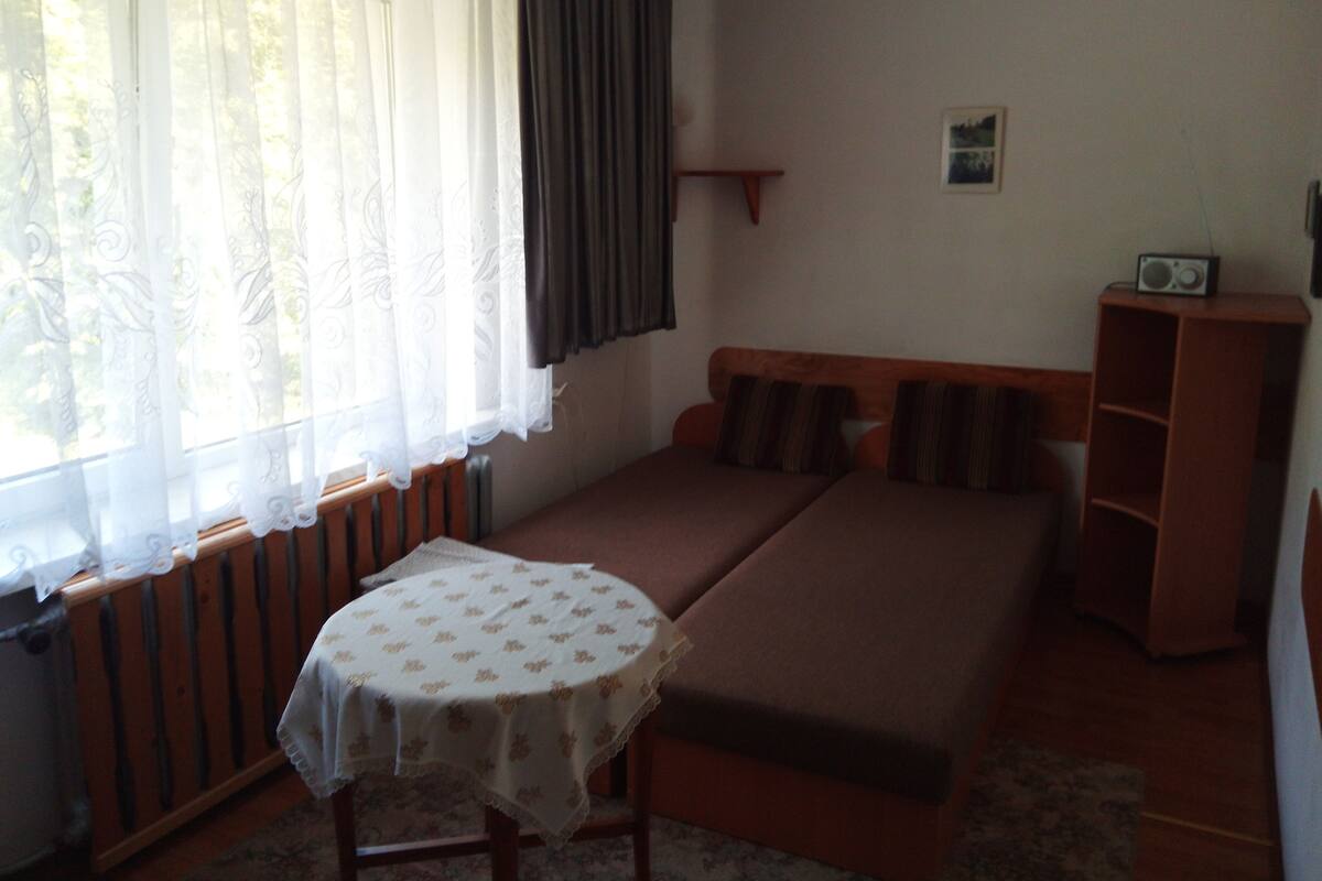 A room with a bed, a table, a radiator, a shelf, and a window with curtains.