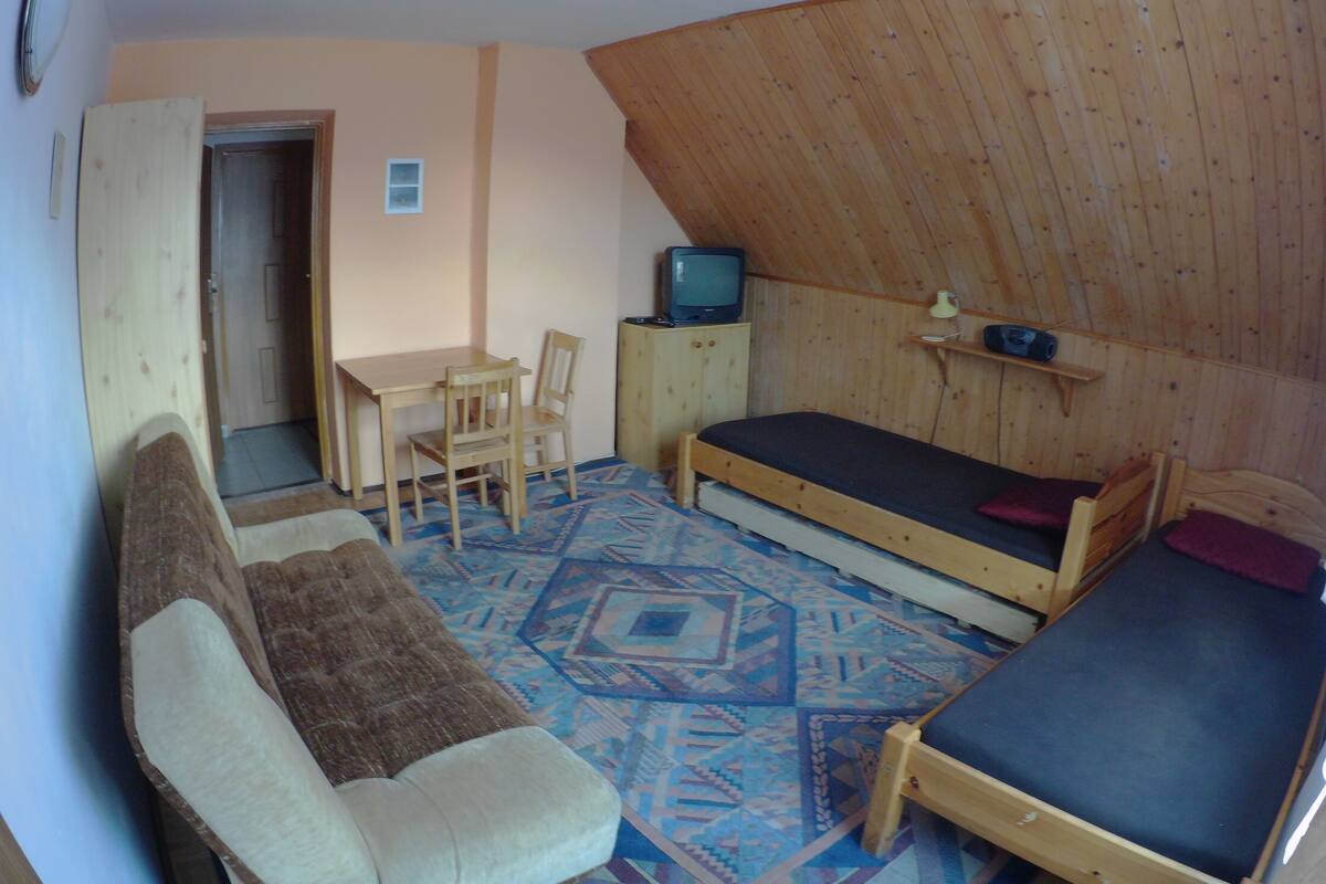A compact room with a bed, a sofa, a small table, and a television.
