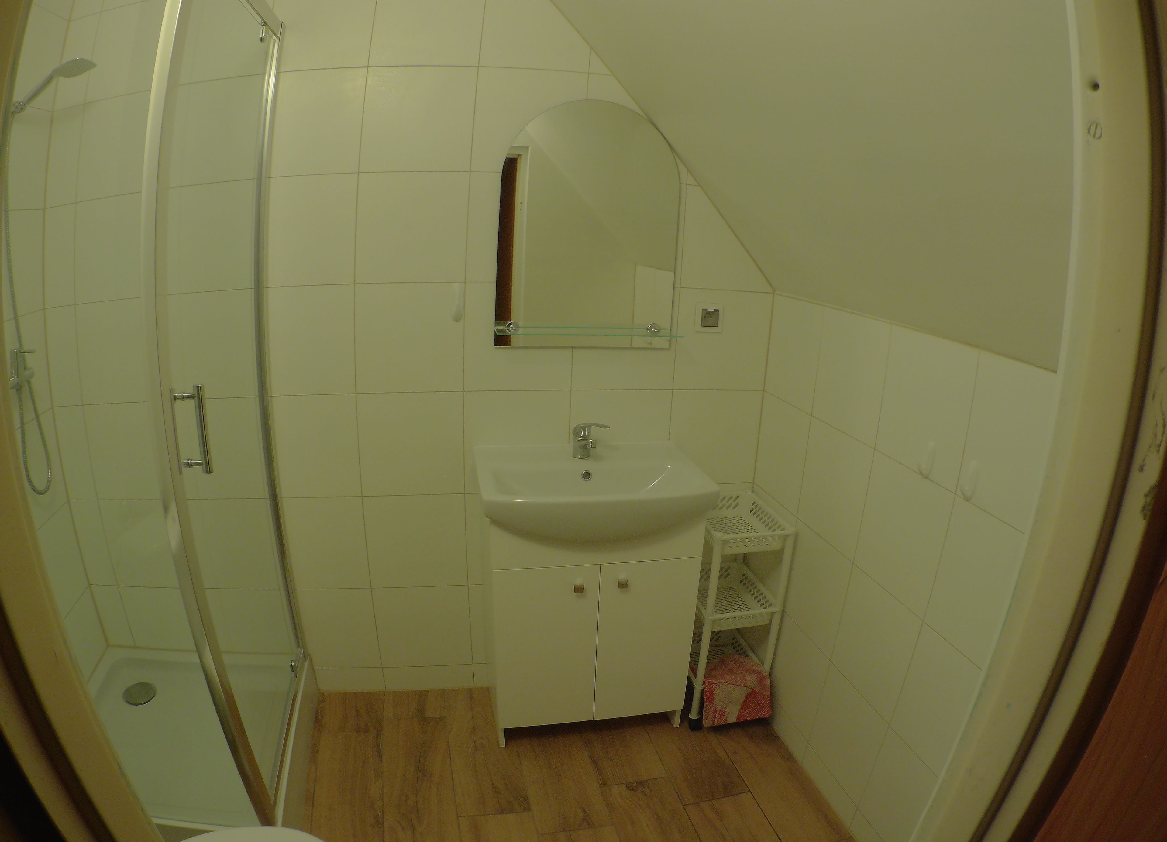 Een badkamer met douche, wastafel, spiegel en opbergkast.