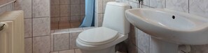 A bathroom with a toilet, a sink, and a shower curtain.