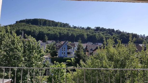 Un quartier résidentiel avec des maisons, une colline couverte d’arbres denses et un ciel dégagé.