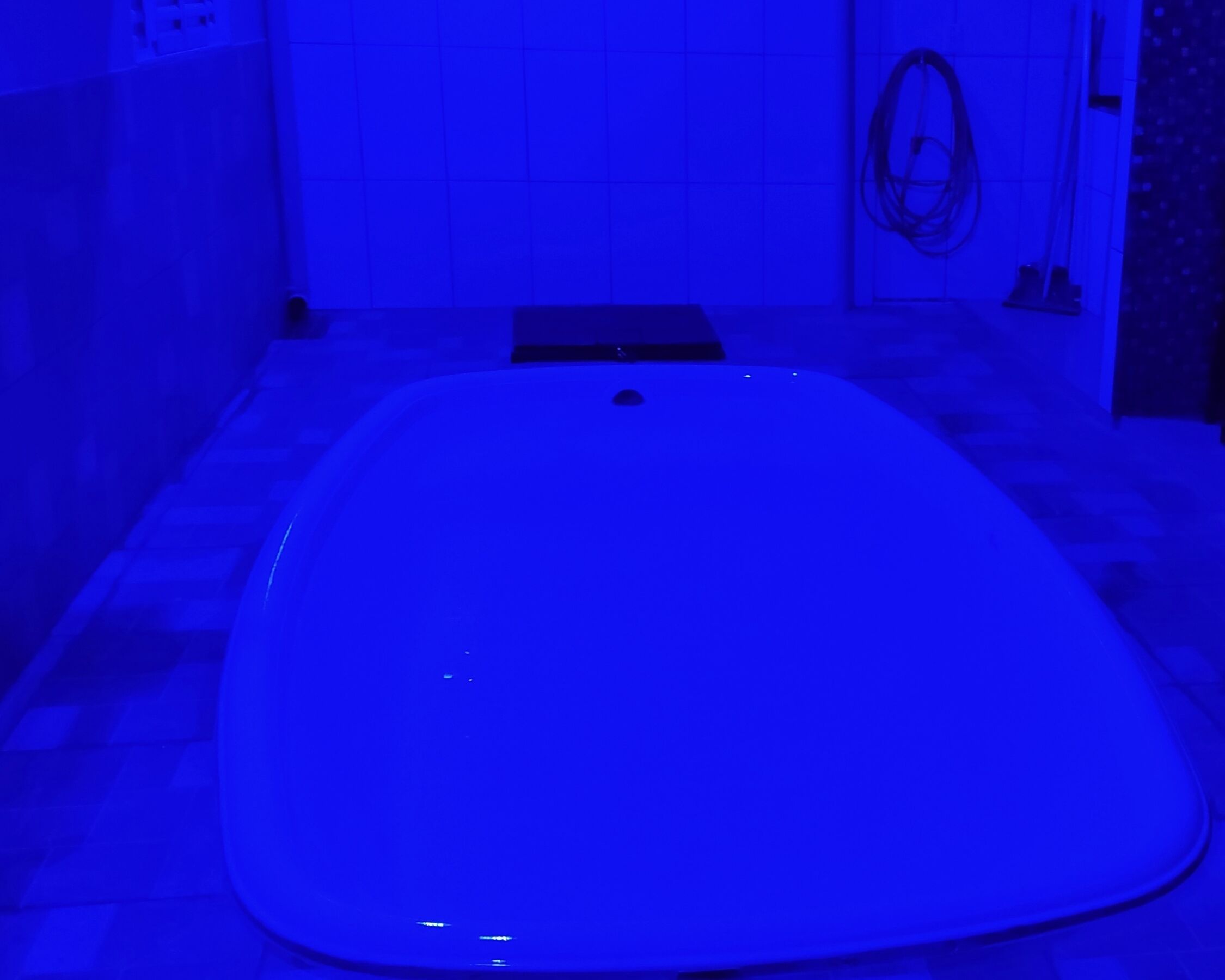 Eine große, ovale Badewanne in einem Badezimmer mit gefliesten Wänden und einer Tür mit Handtuchhalter.
