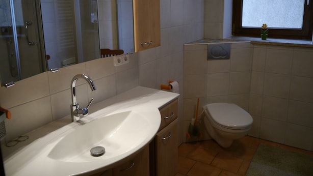 A bathroom with a sink, mirror, toilet, and a window. - Apartment for up to 6 people, beautiful view (Hunderdorf)