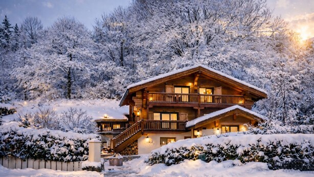 Um amplo hotel de madeira de vários andares, com varanda, rodeado por árvores cobertas de neve.